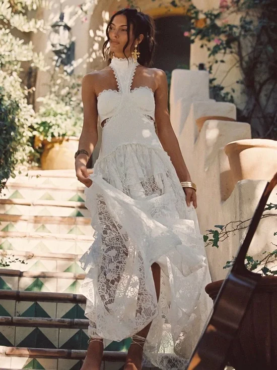 12th Tribe White Lace Halter Maxi Dress - Picture 1 of 2